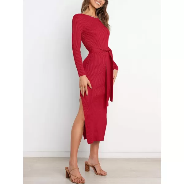 Caracilia Women's Crew Neck Long Sleeve Midi Sweater Dress Elegant Side Slit Bodycon Dress with Belt