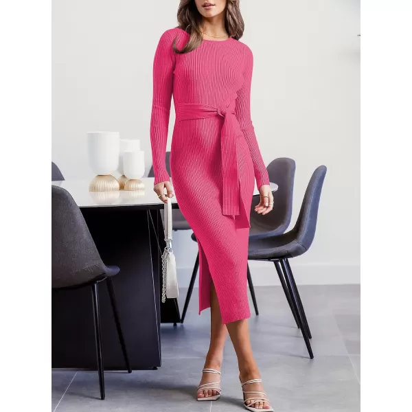 Caracilia Women's Crew Neck Long Sleeve Midi Sweater Dress Elegant Side Slit Bodycon Dress with Belt