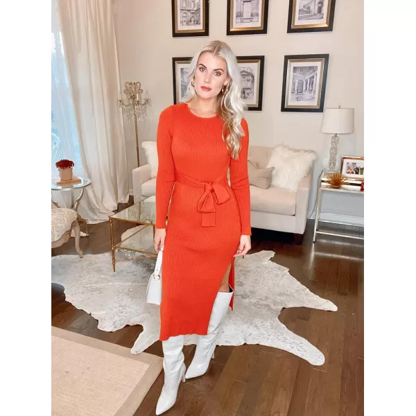 Caracilia Women's Crew Neck Long Sleeve Midi Sweater Dress Elegant Side Slit Bodycon Dress with Belt