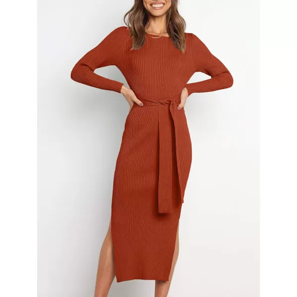 Caracilia Women's Crew Neck Long Sleeve Midi Sweater Dress Elegant Side Slit Bodycon Dress with Belt