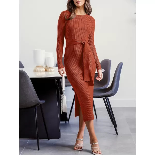 Caracilia Women's Crew Neck Long Sleeve Midi Sweater Dress Elegant Side Slit Bodycon Dress with Belt