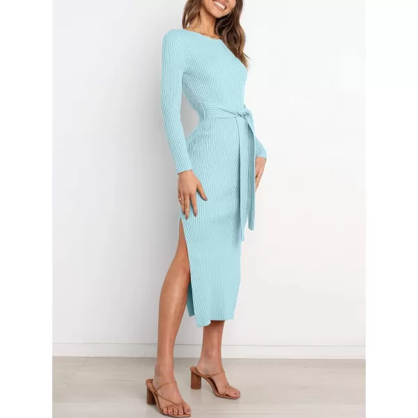 Caracilia Women's Crew Neck Long Sleeve Midi Sweater Dress Elegant Side Slit Bodycon Dress with Belt