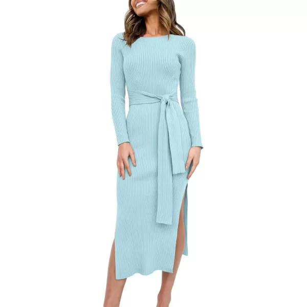Caracilia Women's Crew Neck Long Sleeve Midi Sweater Dress Elegant Side Slit Bodycon Dress with Belt