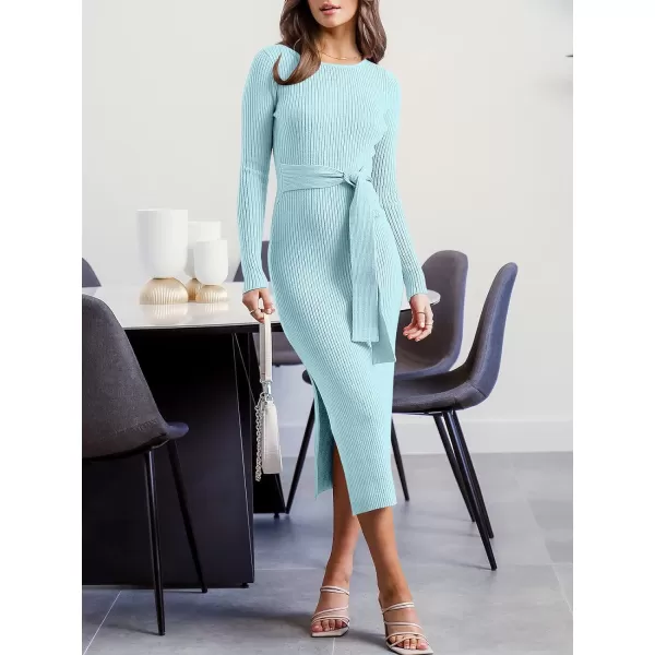Caracilia Women's Crew Neck Long Sleeve Midi Sweater Dress Elegant Side Slit Bodycon Dress with Belt
