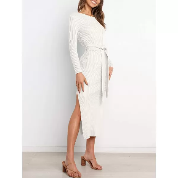 Caracilia Women's Crew Neck Long Sleeve Midi Sweater Dress Elegant Side Slit Bodycon Dress with Belt