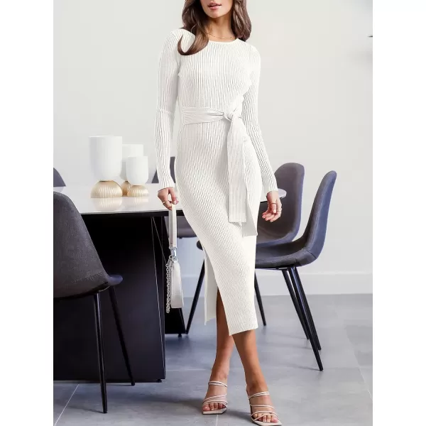 Caracilia Women's Crew Neck Long Sleeve Midi Sweater Dress Elegant Side Slit Bodycon Dress with Belt