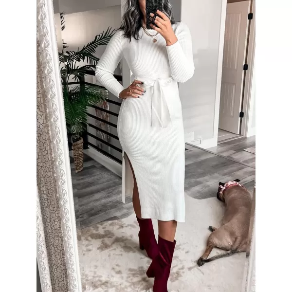 Caracilia Women's Crew Neck Long Sleeve Midi Sweater Dress Elegant Side Slit Bodycon Dress with Belt