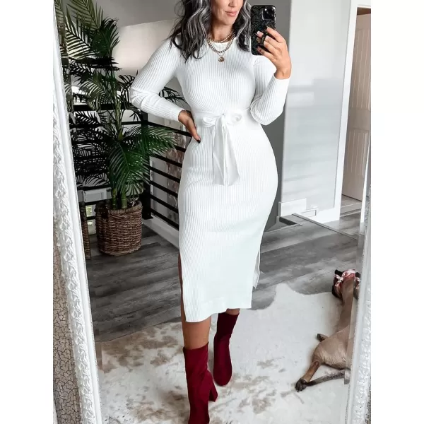 Caracilia Women's Crew Neck Long Sleeve Midi Sweater Dress Elegant Side Slit Bodycon Dress with Belt