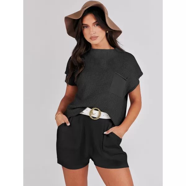 Caracilia Women's Fashion Two Piece Outfits Summer Short Sets knit Pullover Tops and Shorts Lounge Sweater Set Tracksuit