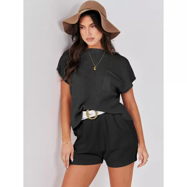 Caracilia Women's Fashion Two Piece Outfits Summer Short Sets knit Pullover Tops and Shorts Lounge Sweater Set Tracksuit