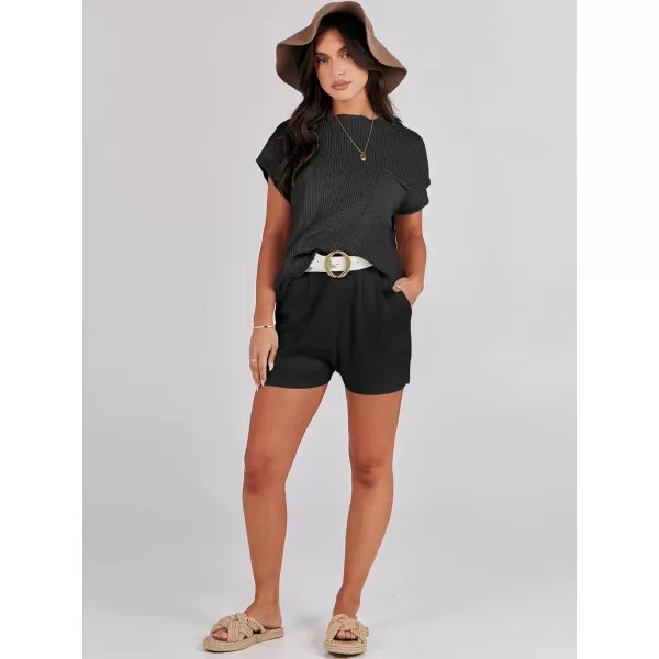 Caracilia Women's Fashion Two Piece Outfits Summer Short Sets knit Pullover Tops and Shorts Lounge Sweater Set Tracksuit