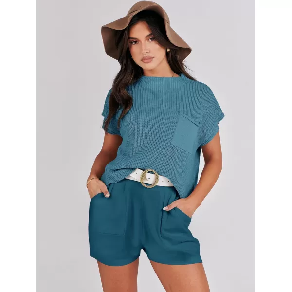 Caracilia Women's Fashion Two Piece Outfits Summer Short Sets knit Pullover Tops and Shorts Lounge Sweater Set Tracksuit