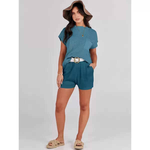 Caracilia Women's Fashion Two Piece Outfits Summer Short Sets knit Pullover Tops and Shorts Lounge Sweater Set Tracksuit