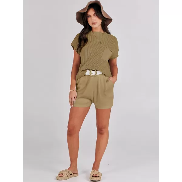 Caracilia Women's Fashion Two Piece Outfits Summer Short Sets knit Pullover Tops and Shorts Lounge Sweater Set Tracksuit