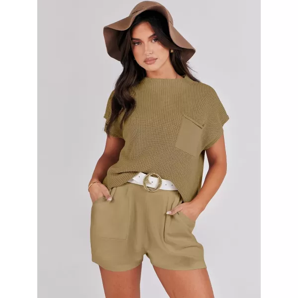 Caracilia Women's Fashion Two Piece Outfits Summer Short Sets knit Pullover Tops and Shorts Lounge Sweater Set Tracksuit
