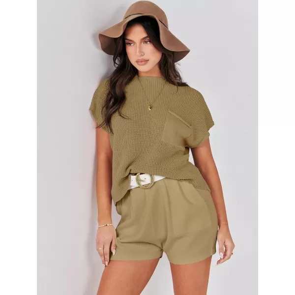 Caracilia Women's Fashion Two Piece Outfits Summer Short Sets knit Pullover Tops and Shorts Lounge Sweater Set Tracksuit