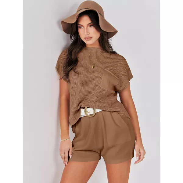 Caracilia Women's Fashion Two Piece Outfits Summer Short Sets knit Pullover Tops and Shorts Lounge Sweater Set Tracksuit