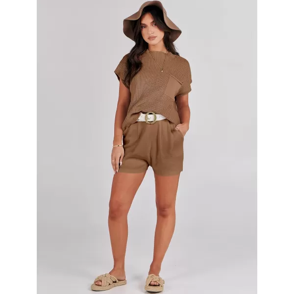 Caracilia Women's Fashion Two Piece Outfits Summer Short Sets knit Pullover Tops and Shorts Lounge Sweater Set Tracksuit