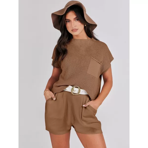 Caracilia Women's Fashion Two Piece Outfits Summer Short Sets knit Pullover Tops and Shorts Lounge Sweater Set Tracksuit