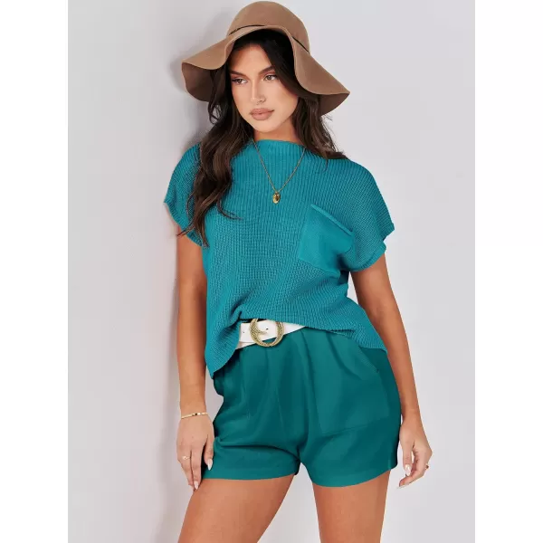 Caracilia Women's Fashion Two Piece Outfits Summer Short Sets knit Pullover Tops and Shorts Lounge Sweater Set Tracksuit