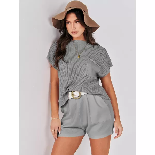 Caracilia Women's Fashion Two Piece Outfits Summer Short Sets knit Pullover Tops and Shorts Lounge Sweater Set Tracksuit