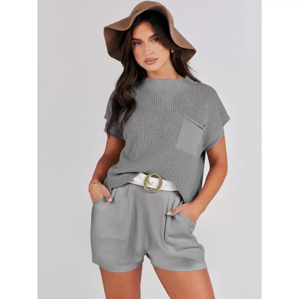 Caracilia Women's Fashion Two Piece Outfits Summer Short Sets knit Pullover Tops and Shorts Lounge Sweater Set Tracksuit