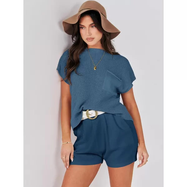 Caracilia Women's Fashion Two Piece Outfits Summer Short Sets knit Pullover Tops and Shorts Lounge Sweater Set Tracksuit
