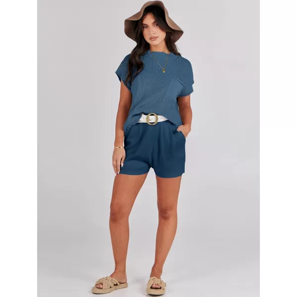 Caracilia Women's Fashion Two Piece Outfits Summer Short Sets knit Pullover Tops and Shorts Lounge Sweater Set Tracksuit