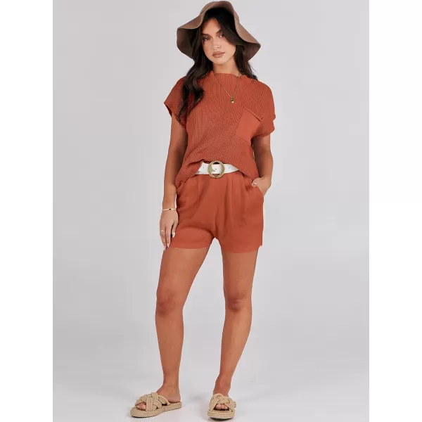 Caracilia Women's Fashion Two Piece Outfits Summer Short Sets knit Pullover Tops and Shorts Lounge Sweater Set Tracksuit