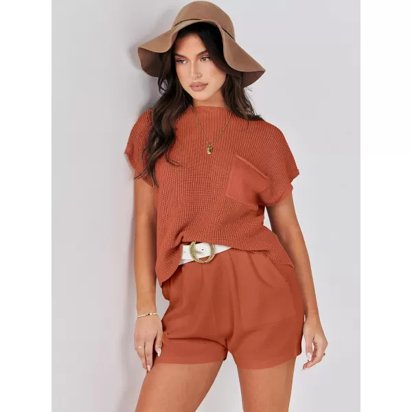 Caracilia Women's Fashion Two Piece Outfits Summer Short Sets knit Pullover Tops and Shorts Lounge Sweater Set Tracksuit
