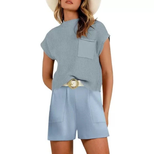 Caracilia Women's Fashion Two Piece Outfits Summer Short Sets knit Pullover Tops and Shorts Lounge Sweater Set Tracksuit