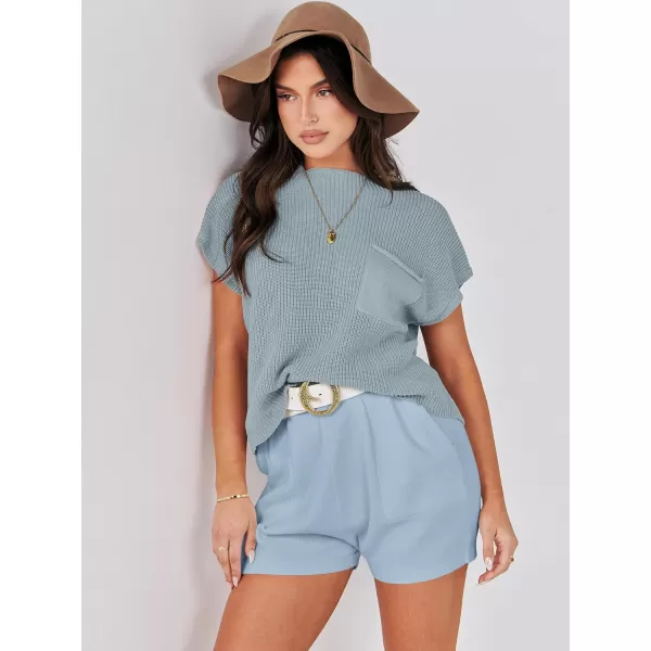 Caracilia Women's Fashion Two Piece Outfits Summer Short Sets knit Pullover Tops and Shorts Lounge Sweater Set Tracksuit