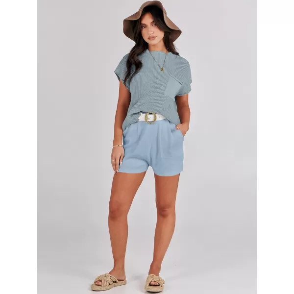 Caracilia Women's Fashion Two Piece Outfits Summer Short Sets knit Pullover Tops and Shorts Lounge Sweater Set Tracksuit