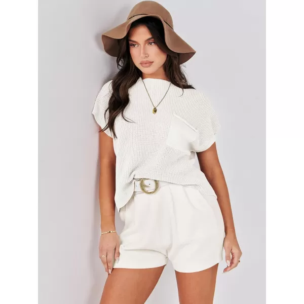 Caracilia Women's Fashion Two Piece Outfits Summer Short Sets knit Pullover Tops and Shorts Lounge Sweater Set Tracksuit