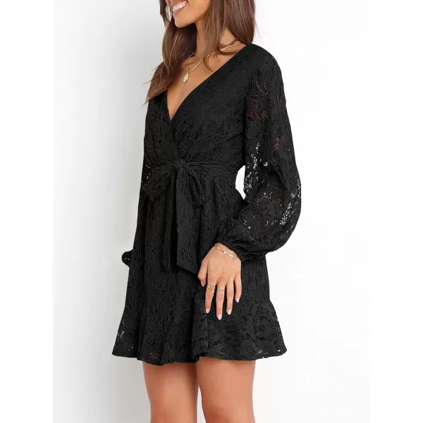 Caracilia Women's Floral Lace Wrap V Neck Long Sleeve Tie Waist Ruffle Hem Short Dress with Belt