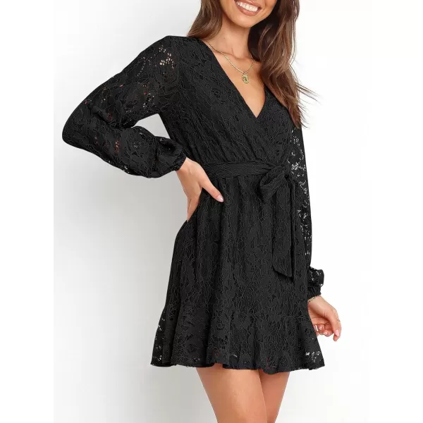 Caracilia Women's Floral Lace Wrap V Neck Long Sleeve Tie Waist Ruffle Hem Short Dress with Belt