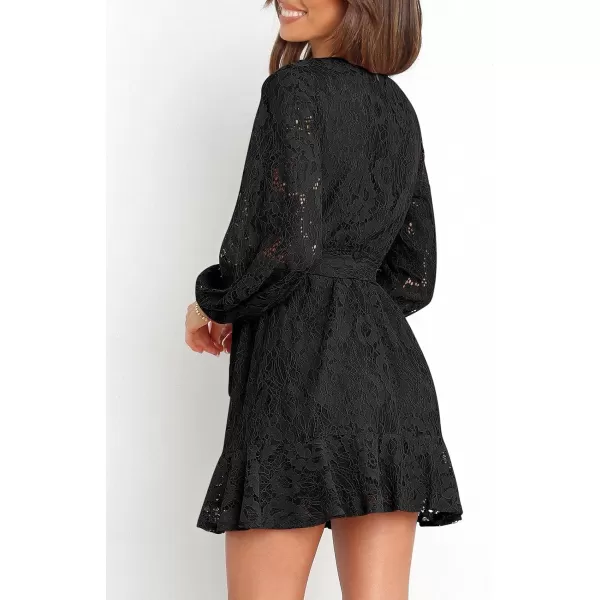 Caracilia Women's Floral Lace Wrap V Neck Long Sleeve Tie Waist Ruffle Hem Short Dress with Belt