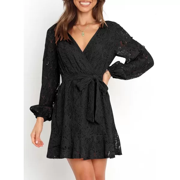 Caracilia Women's Floral Lace Wrap V Neck Long Sleeve Tie Waist Ruffle Hem Short Dress with Belt