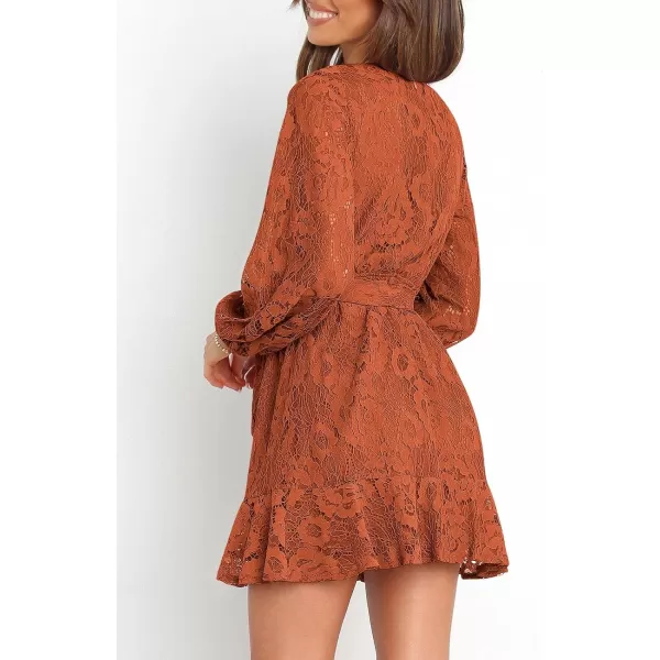Caracilia Women's Floral Lace Wrap V Neck Long Sleeve Tie Waist Ruffle Hem Short Dress with Belt