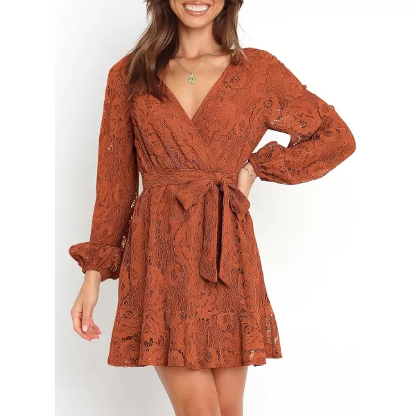 Caracilia Women's Floral Lace Wrap V Neck Long Sleeve Tie Waist Ruffle Hem Short Dress with Belt