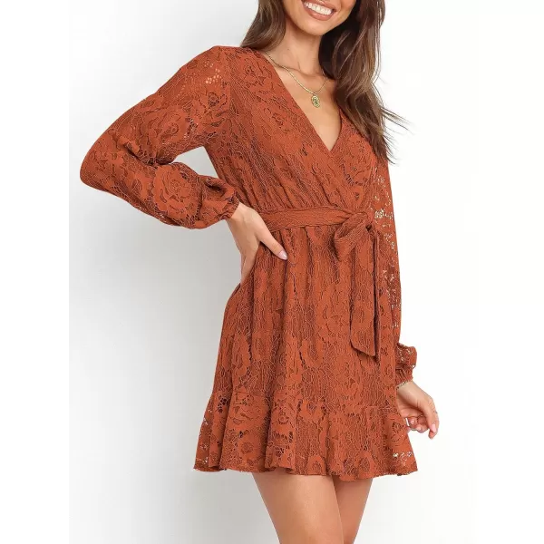 Caracilia Women's Floral Lace Wrap V Neck Long Sleeve Tie Waist Ruffle Hem Short Dress with Belt