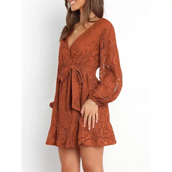 Caracilia Women's Floral Lace Wrap V Neck Long Sleeve Tie Waist Ruffle Hem Short Dress with Belt