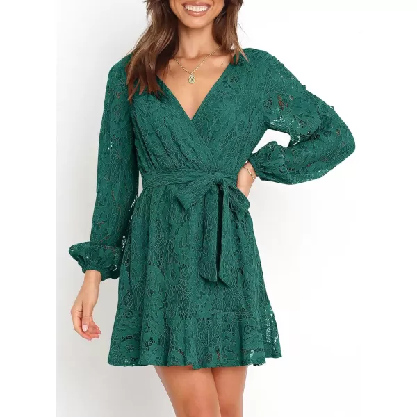 Caracilia Women's Floral Lace Wrap V Neck Long Sleeve Tie Waist Ruffle Hem Short Dress with Belt