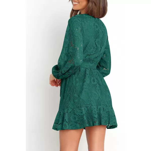 Caracilia Women's Floral Lace Wrap V Neck Long Sleeve Tie Waist Ruffle Hem Short Dress with Belt
