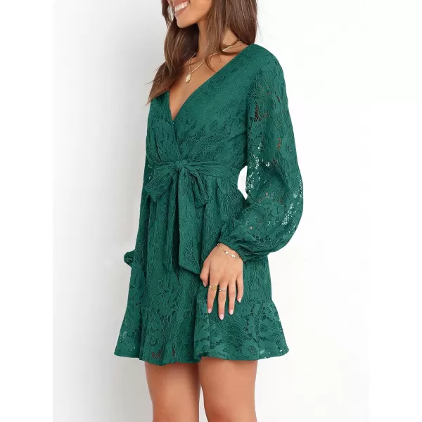 Caracilia Women's Floral Lace Wrap V Neck Long Sleeve Tie Waist Ruffle Hem Short Dress with Belt
