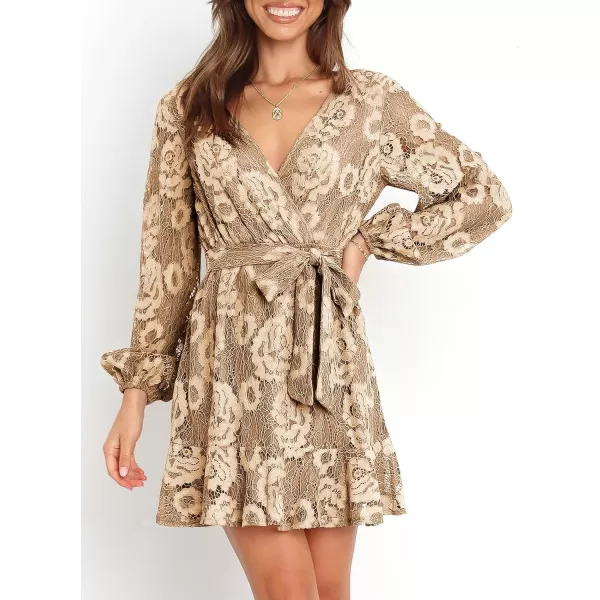 Caracilia Women's Floral Lace Wrap V Neck Long Sleeve Tie Waist Ruffle Hem Short Dress with Belt