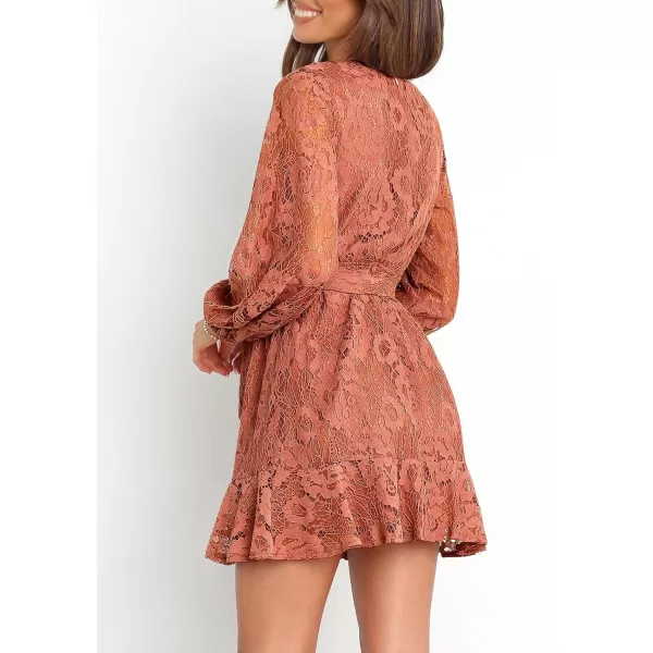 Caracilia Women's Floral Lace Wrap V Neck Long Sleeve Tie Waist Ruffle Hem Short Dress with Belt