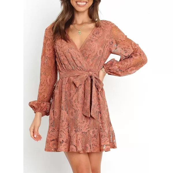 Caracilia Women's Floral Lace Wrap V Neck Long Sleeve Tie Waist Ruffle Hem Short Dress with Belt