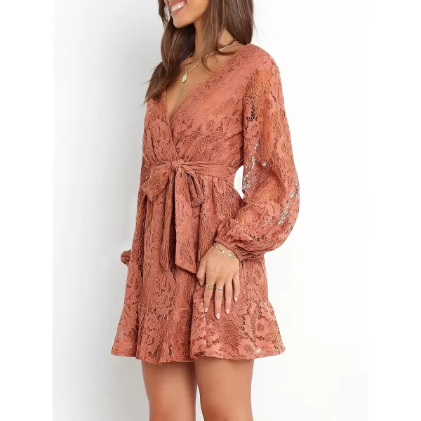 Caracilia Women's Floral Lace Wrap V Neck Long Sleeve Tie Waist Ruffle Hem Short Dress with Belt