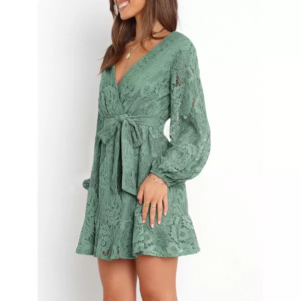 Caracilia Women's Floral Lace Wrap V Neck Long Sleeve Tie Waist Ruffle Hem Short Dress with Belt